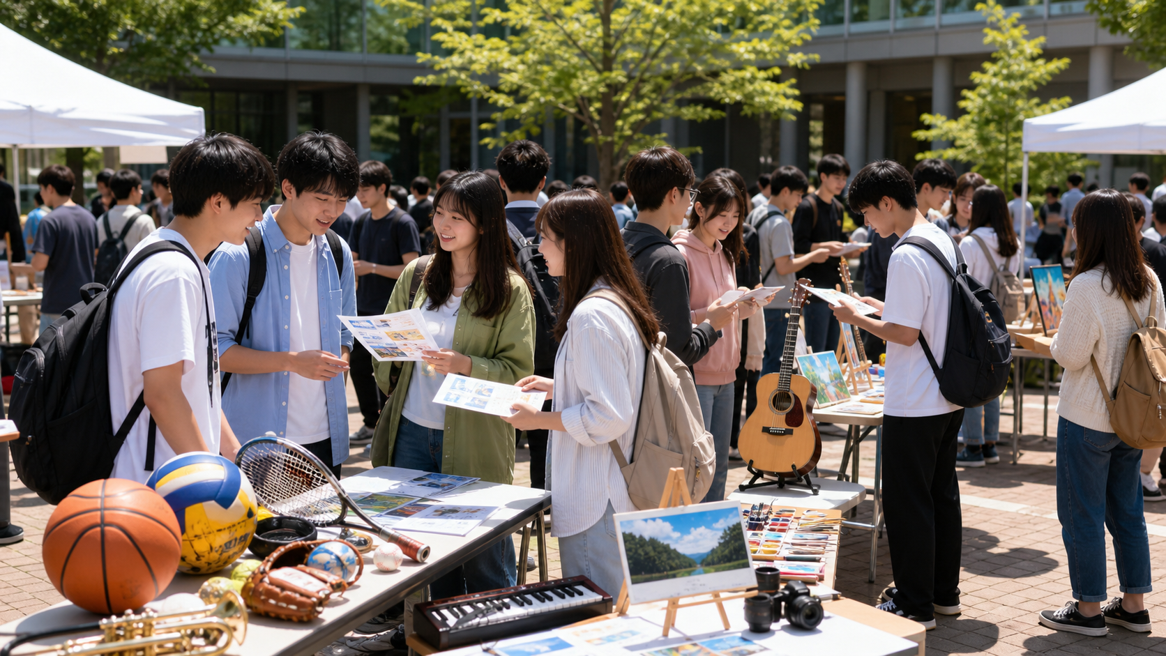大学サークルの種類を比較しながら新歓で話す学生たち