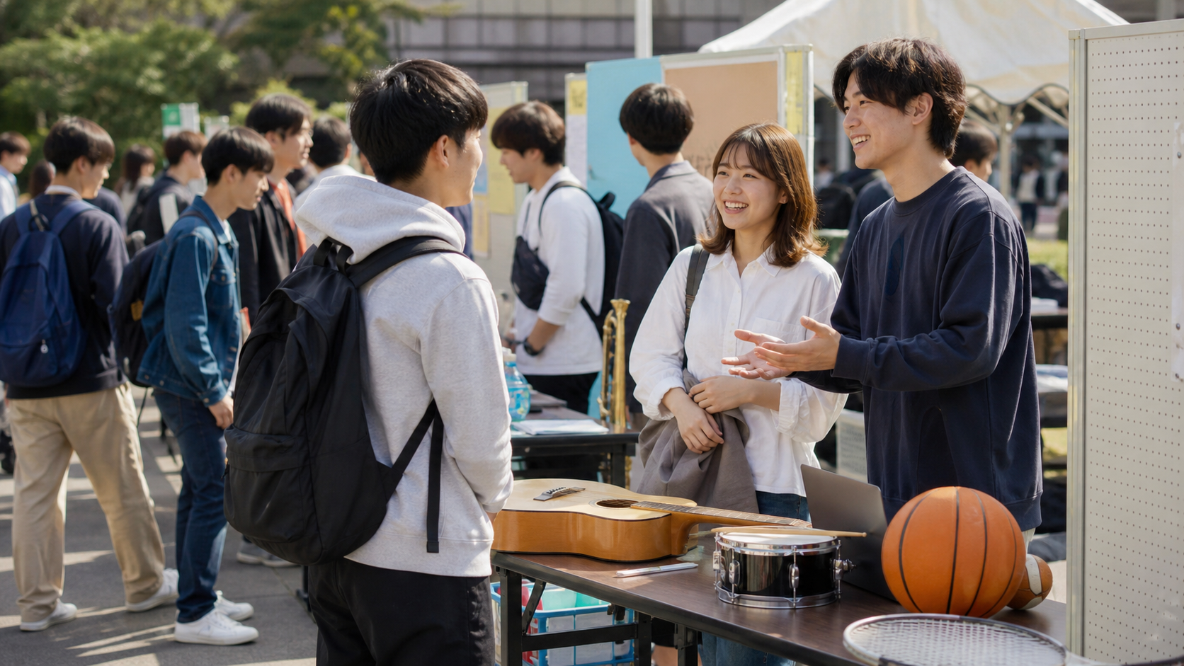 大学生がサークル見学で交流する様子