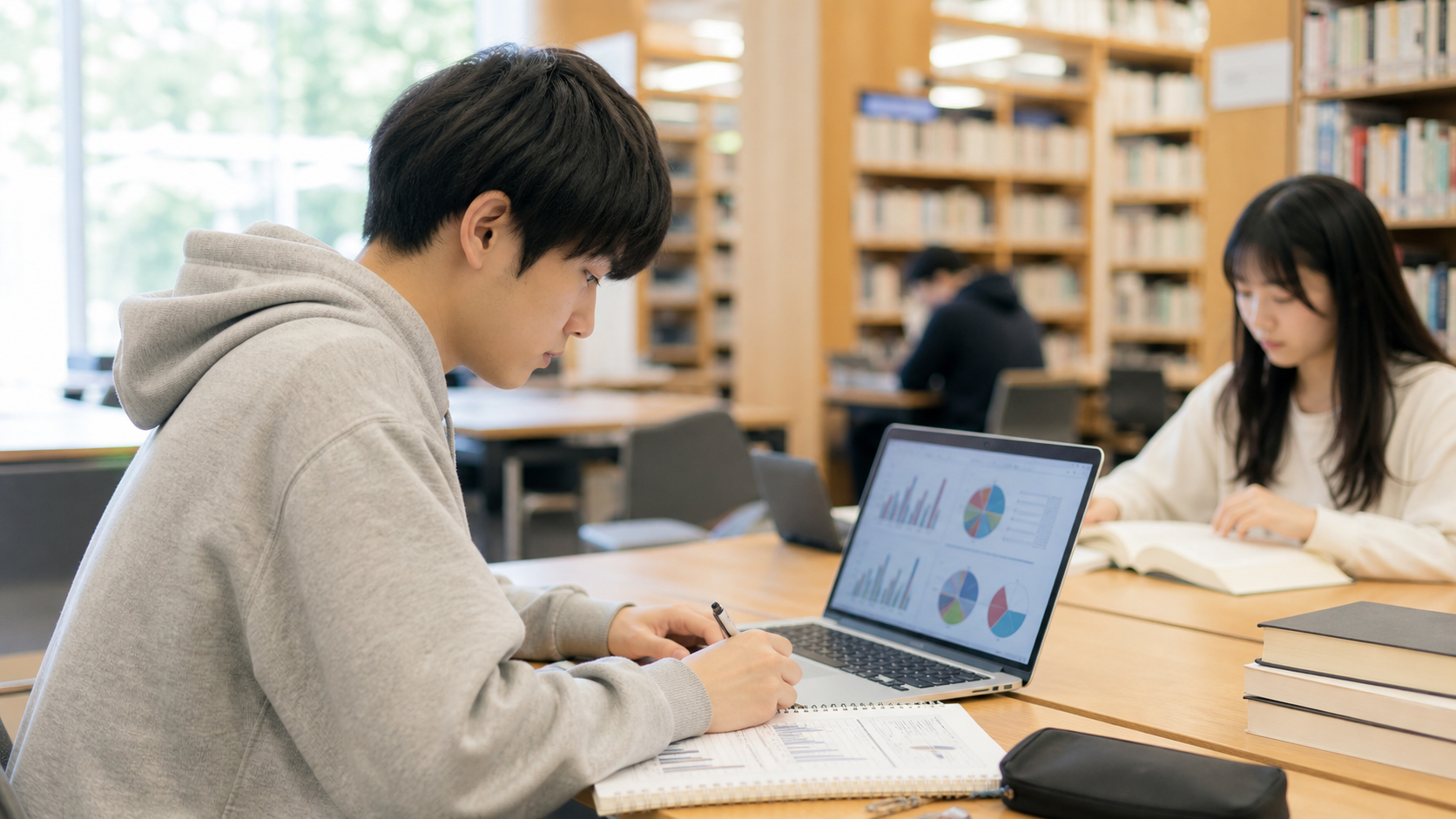 大学生のリア充割合データと出典を確認する学生