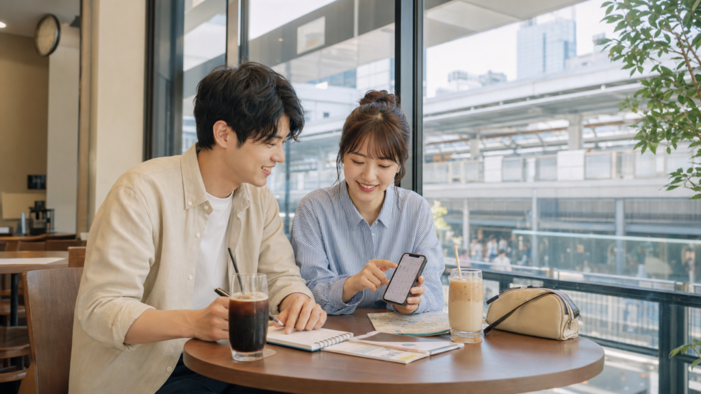 ディズニーデートの回り方をカフェで相談するカップル