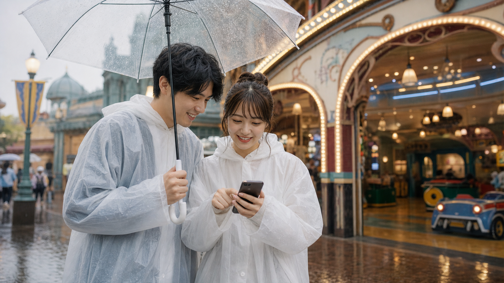 雨の日のディズニーデートで屋内ルートを確認するカップル