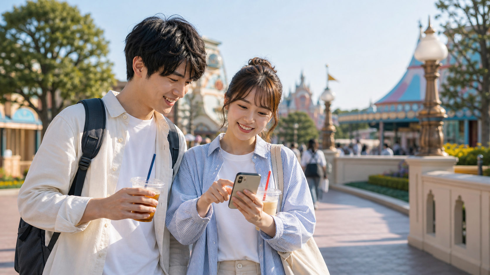 ディズニーデートの時間帯別ルートをスマホで確認するカップル