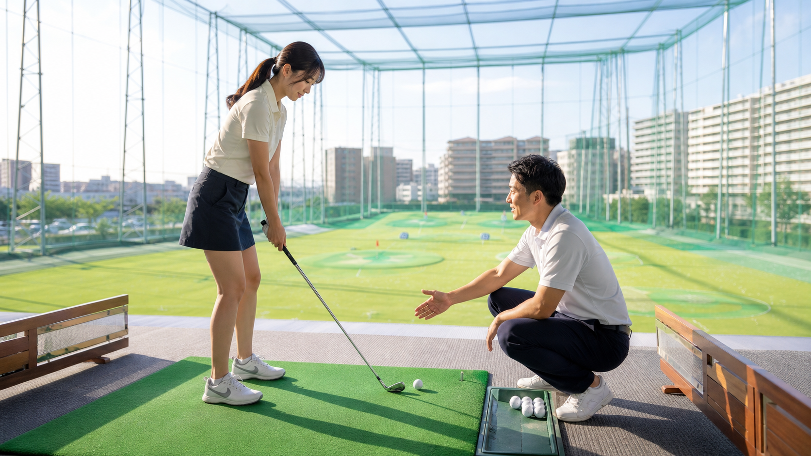 初心者が打ちっぱなし練習場でレッスンを受ける様子