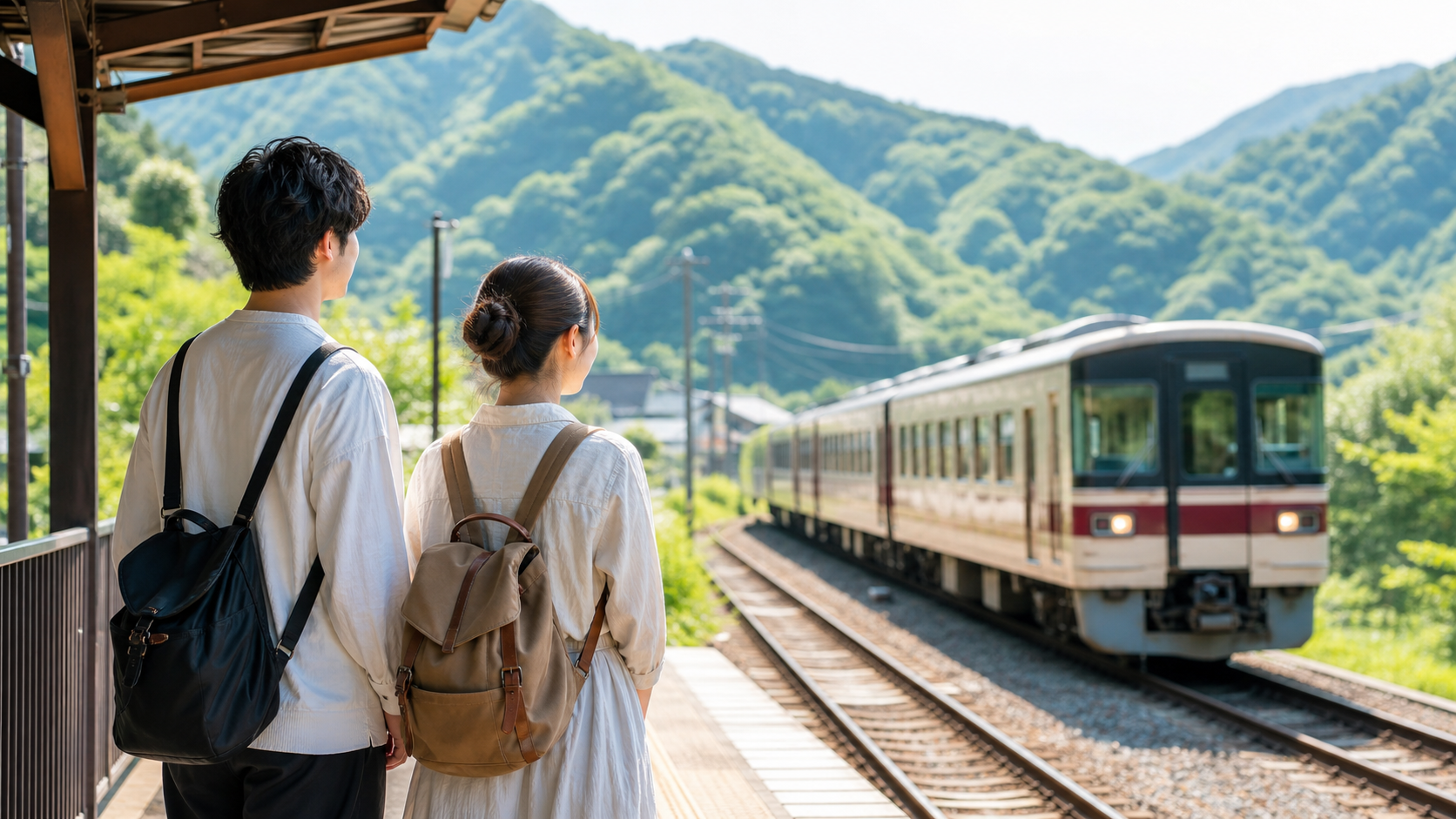 秩父の山並みを背景に電車旅へ向かう二人のイメージ
