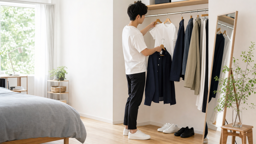 非リア充の服装を改善するために清潔感のある服を選ぶ男性