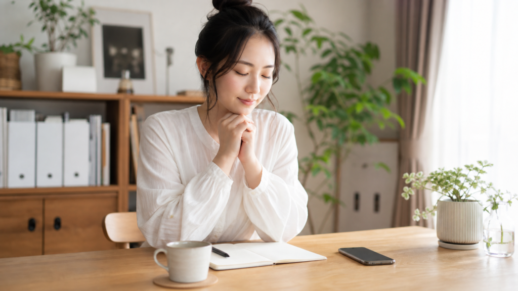 グループLINEの退会を落ち着いて考える人とスマホのイメージ