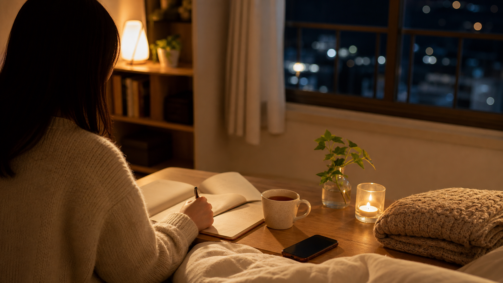 非リア充が夜にスマホを置いて自分を整えるナイトルーティンのイメージ
