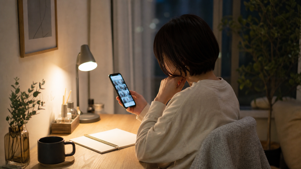 スマホでインスタを見ながら自分の投稿を振り返る非リア充のイメージ