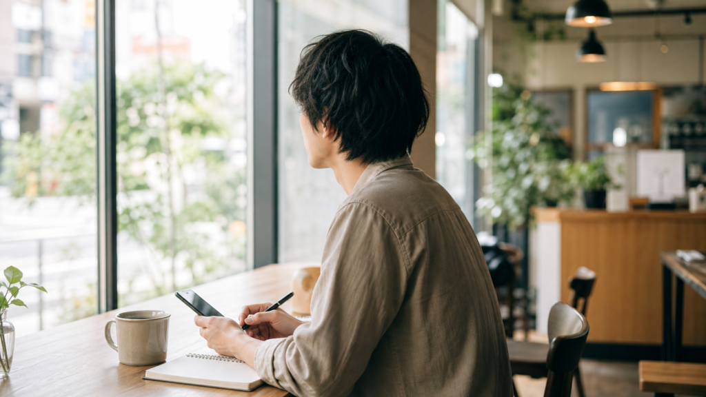 非リア充がカフェで恋愛の最初の一歩を考える様子