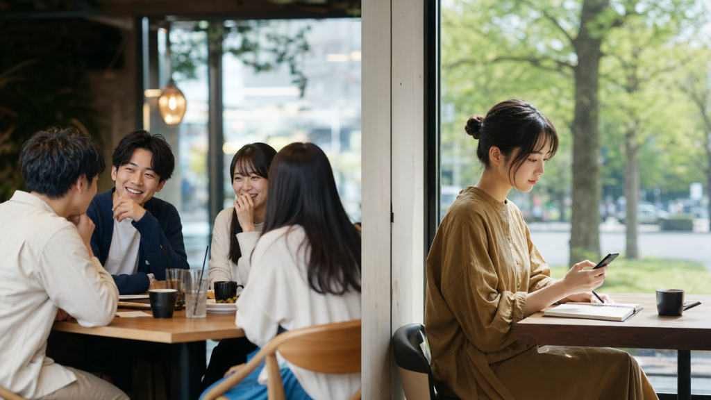 リア充の対義語を考える場面。友人と過ごす時間と一人で考える時間を対比した画像