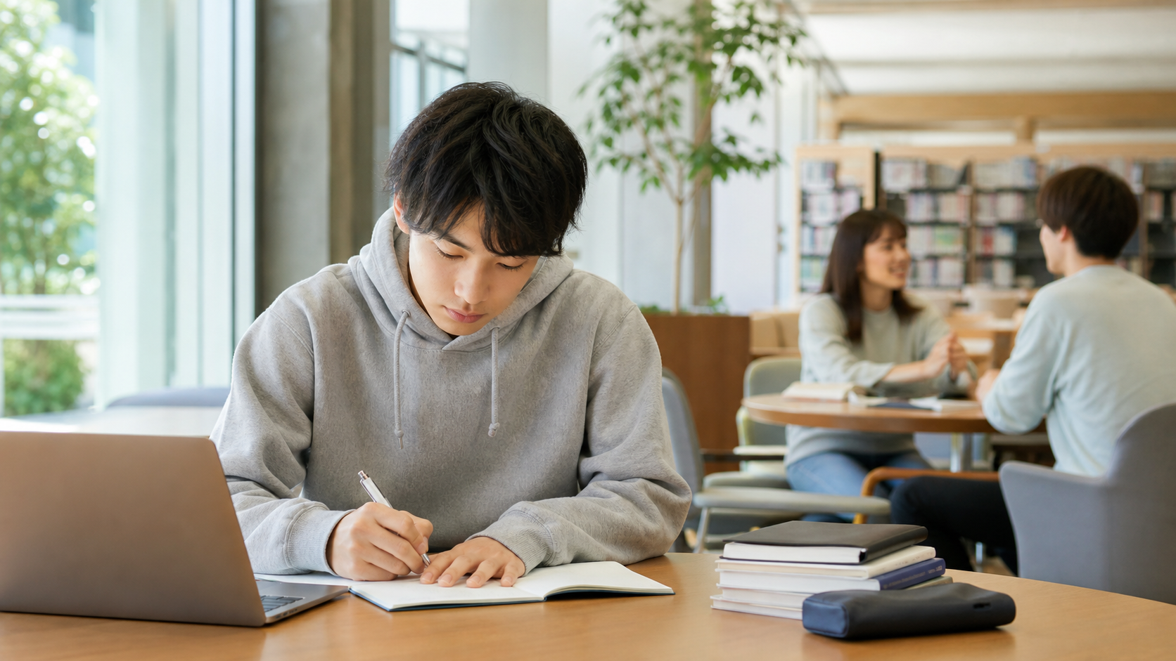 リア充と勉強を両立するために大学ラウンジで集中して学ぶ学生
