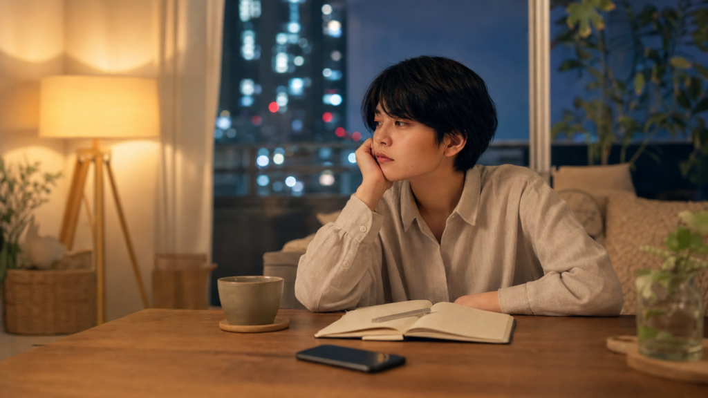 リア充なのに病んでる人が夜にスマホを置いて心を休める様子