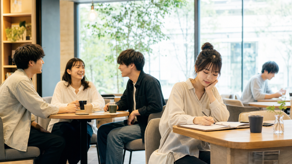 リア充と陽キャの違いをカフェで過ごす人々の雰囲気で表した画像