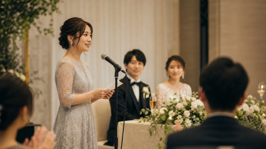 リア充な友人の結婚式で心を込めてスピーチする友人