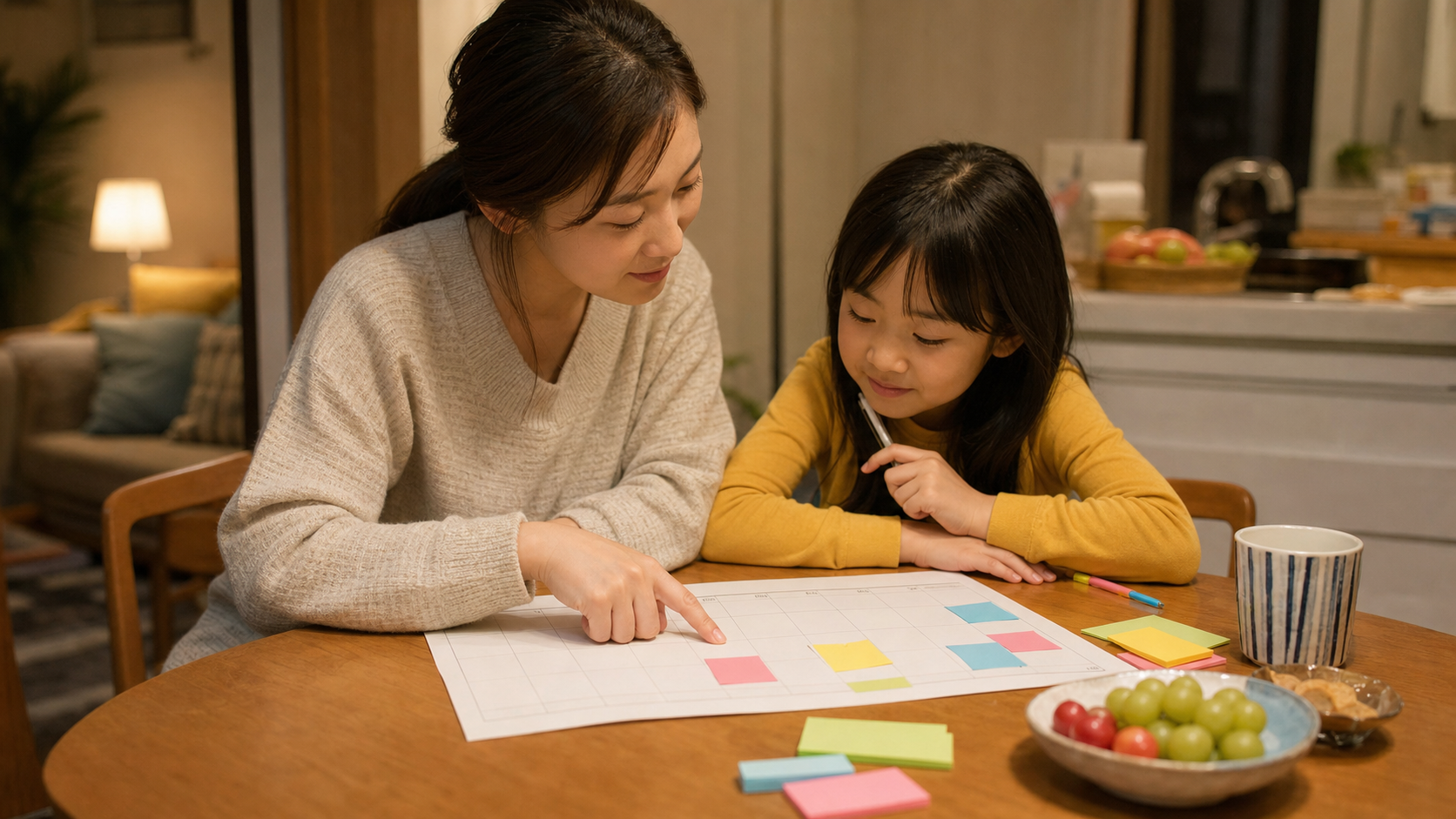 親子で予定を確認しながら自分時間と家族時間を整える様子