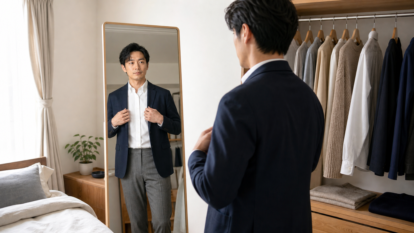 30代からのリア充ファッションの基本を鏡で確認する大人