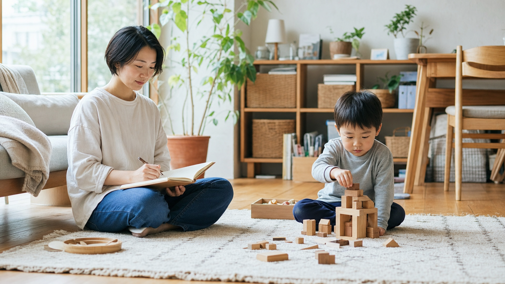 趣味を楽しむ親のそばで安心して遊ぶ子どものイメージ