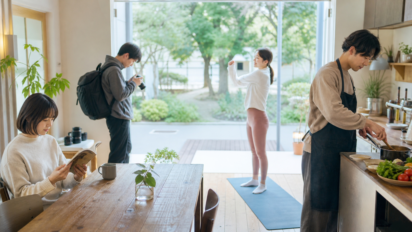 社会人が読書や料理やストレッチなどを無理なく楽しむ休日のイメージ