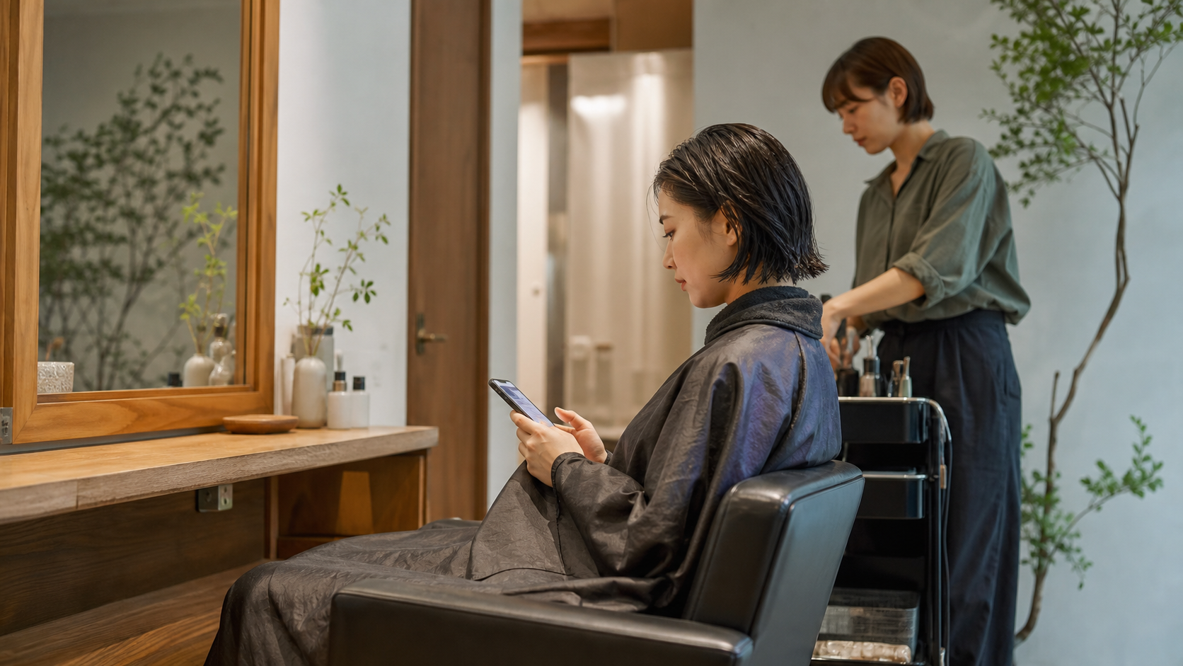 美容室の施術中にスマホを見ながら静かに過ごしている様子