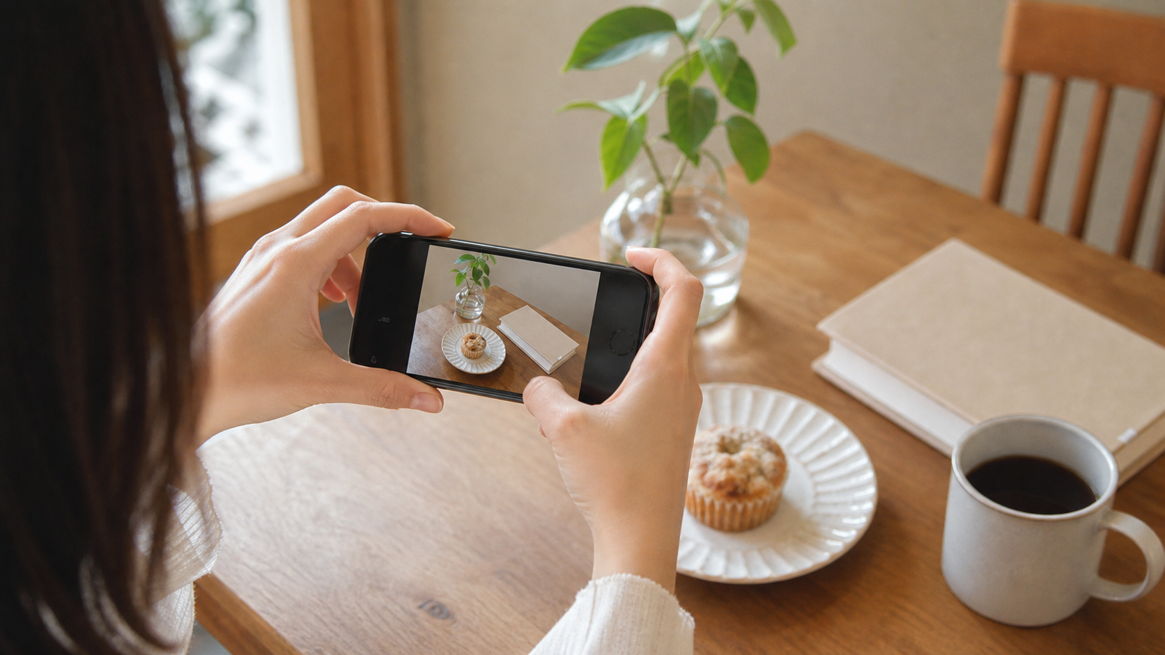カフェで日常の小さな写真を撮る自分らしいインスタ投稿のイメージ