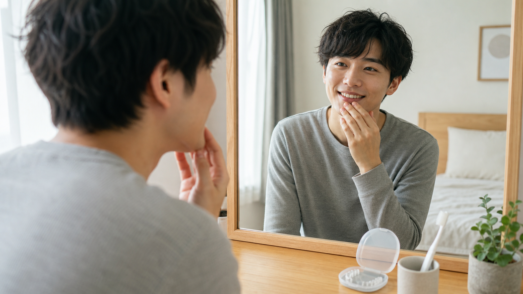 鏡で笑顔を確認する若い男性とマウスピースケース