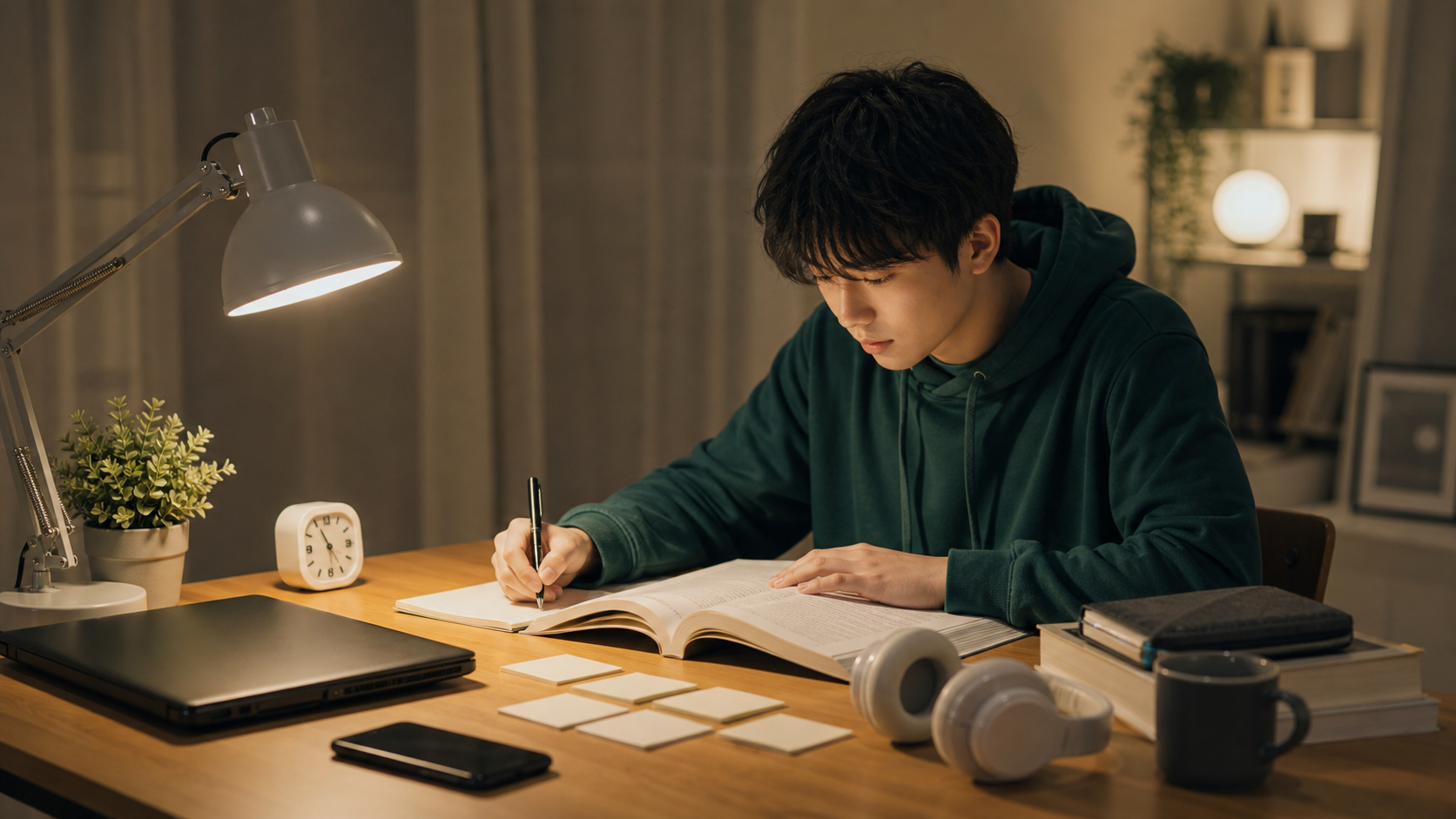 スマホを離して机で集中しリア充と勉強を両立する学生