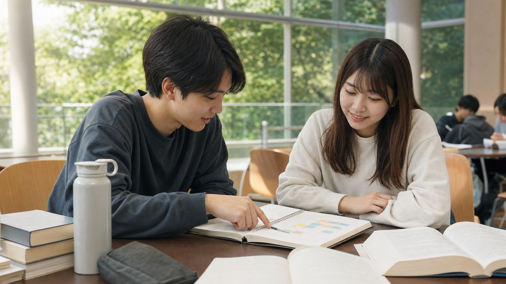リア充と勉強の両立に向けて友達と学習予定を確認する学生