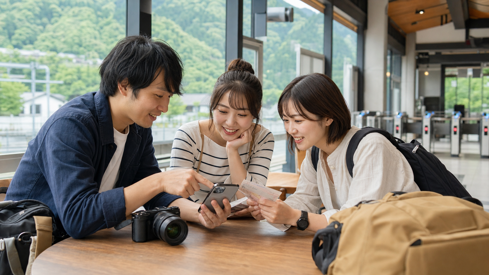 駅でスマホときっぷを見ながら秩父旅を計画する友人たち