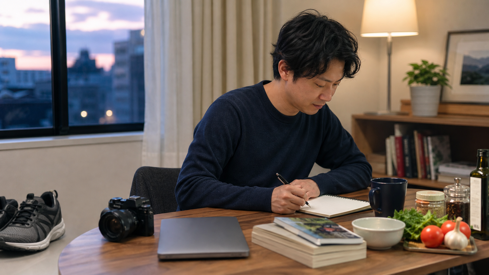 社会人が読書やカメラや運動などの趣味候補をノートに整理している様子