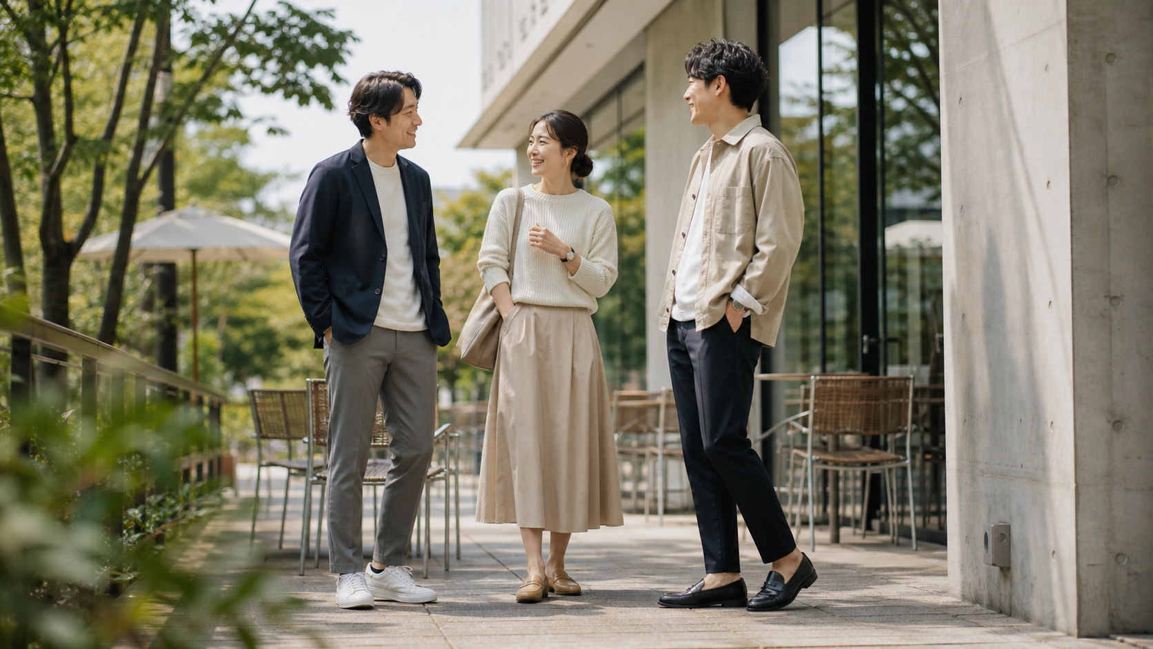 休日のカフェで30代のリア充ファッションを楽しむ男女