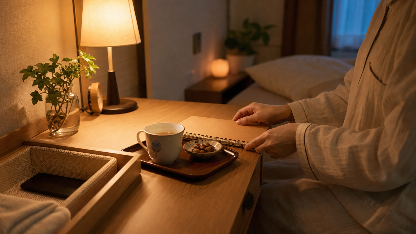 非リア充が夜にスマホを離して照明とノートで落ち着く準備をする様子