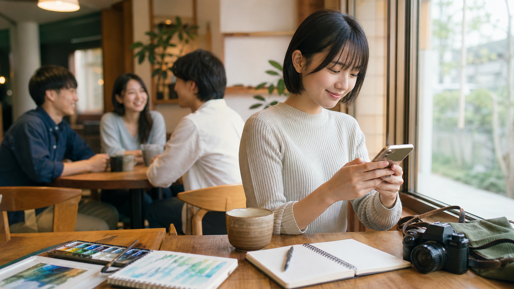リア充と陽キャの意味の違いをカフェの会話と一人時間で表した画像