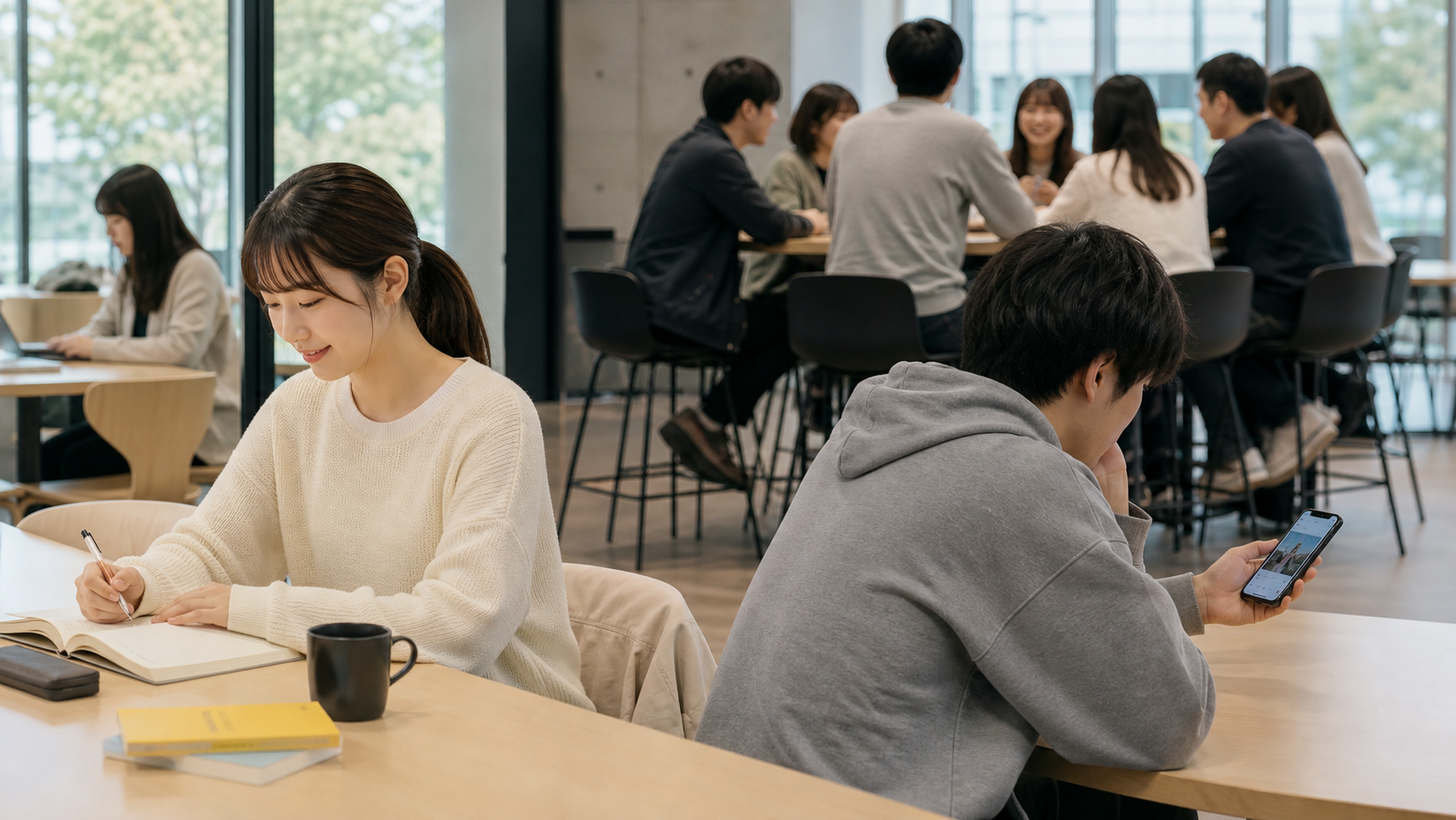 リア充とキョロ充の違いとして自分軸と他人軸を対比する様子