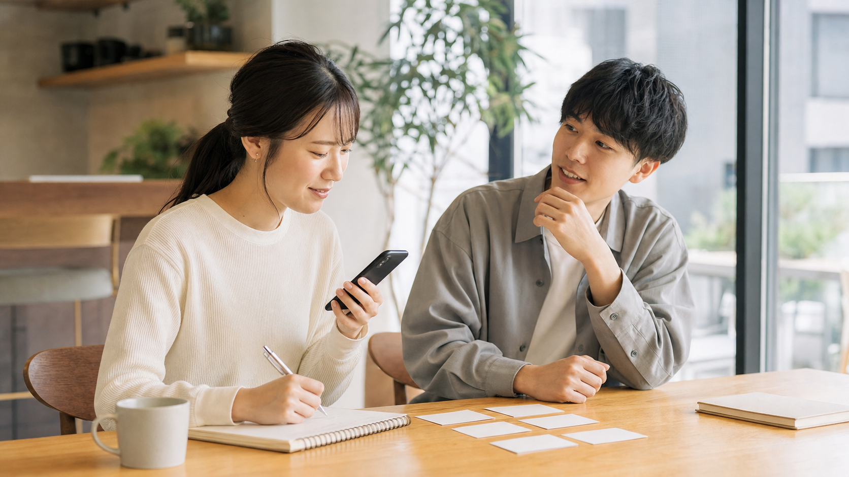 コミュ力の鍛え方とNG例を友人と練習する様子