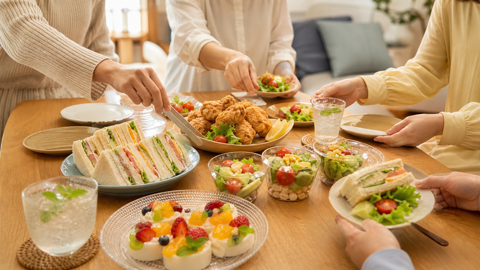 ホームパーティーの持ち寄り料理を囲む明るい食卓