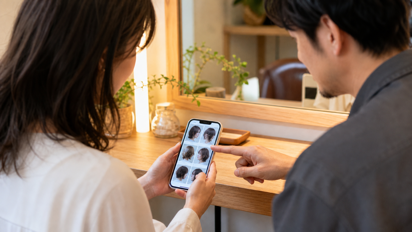 美容室でスマホの参考画像を見せながら美容師に希望を伝えている様子