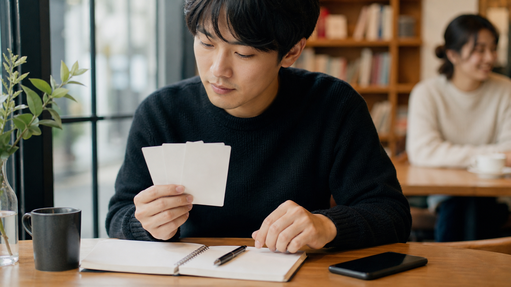 コミュ力診断チェックカードを見ながら会話の癖を振り返る様子
