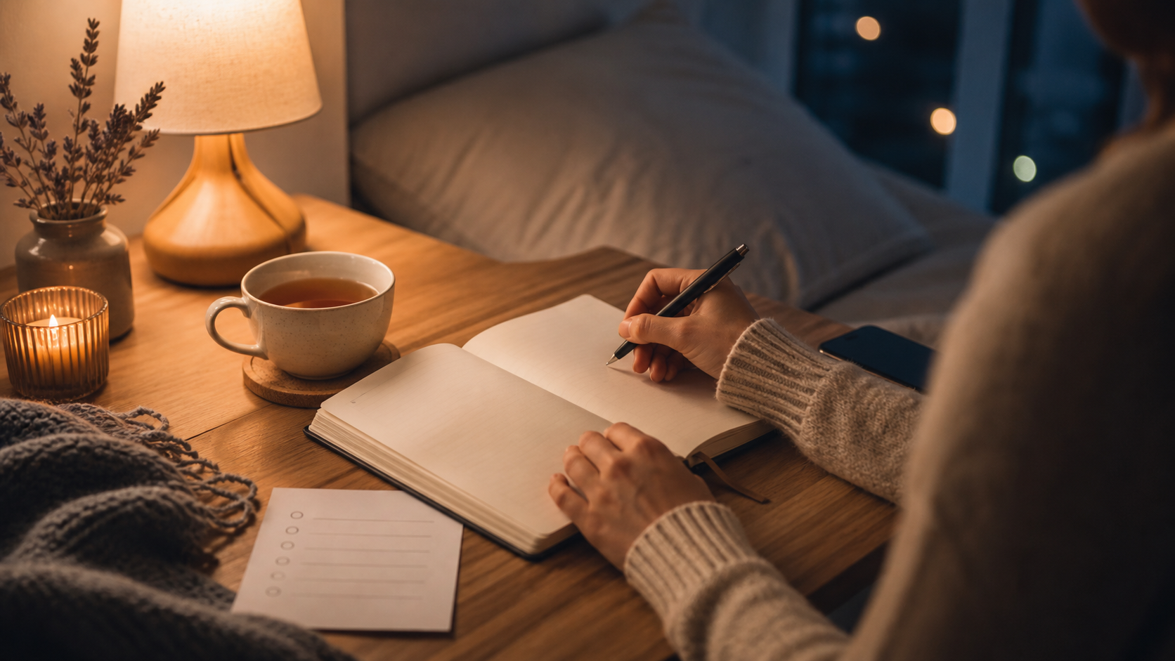 非リア充が夜にノートへ気持ちを書き出して自分を整える様子