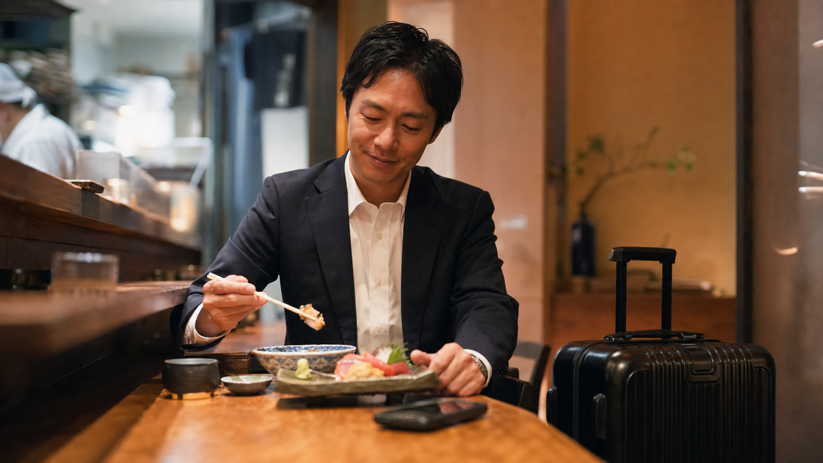 出張先のご当地グルメを一人で楽しむビジネスパーソン
