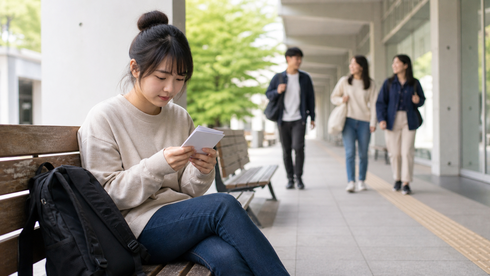 友達と会う前のスキマ時間にカードで勉強する学生