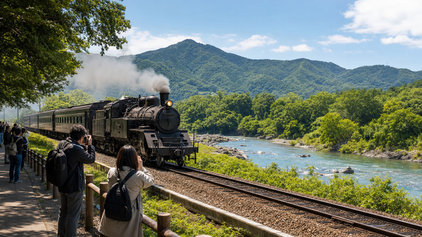 秩父の自然の中を走るSLと写真を撮る旅行者のイメージ