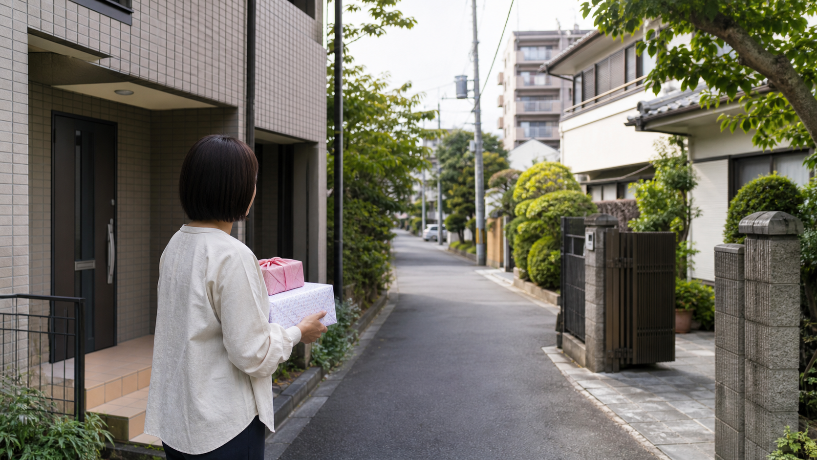 賃貸マンションと戸建て住宅の近所へ挨拶に向かう様子