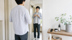 非リア充から垢抜ける方法として清潔感のある服装を鏡で確認する人