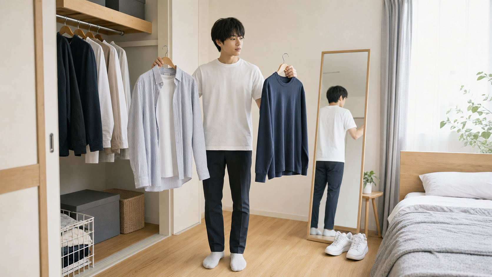 非リア充から垢抜ける方法として服装と姿勢を鏡で確認する人