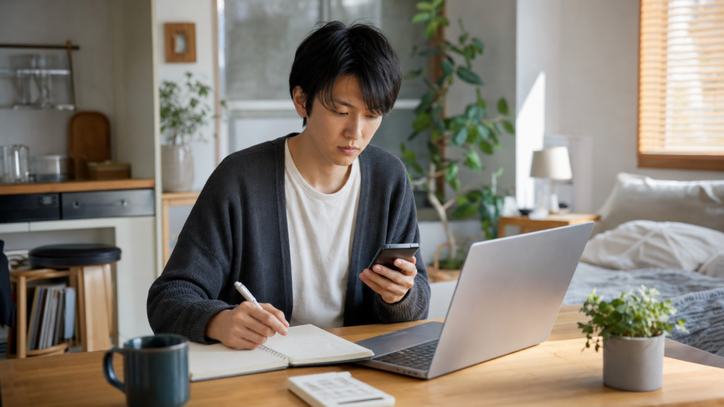 非リア充の平均貯金額を調べながら家計ノートをつける一人暮らしのイメージ