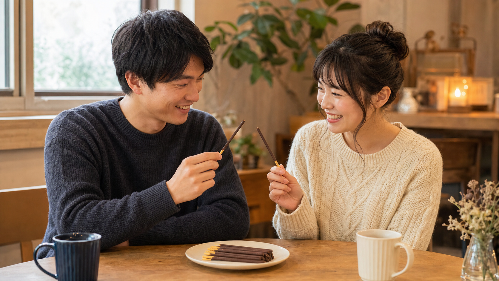 ポッキーゲームの勝ち負けルールを確認するカップルのイメージ