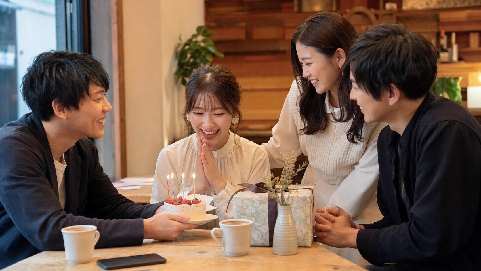 リア充の誕生日でケーキとプレゼントを囲む友人たち