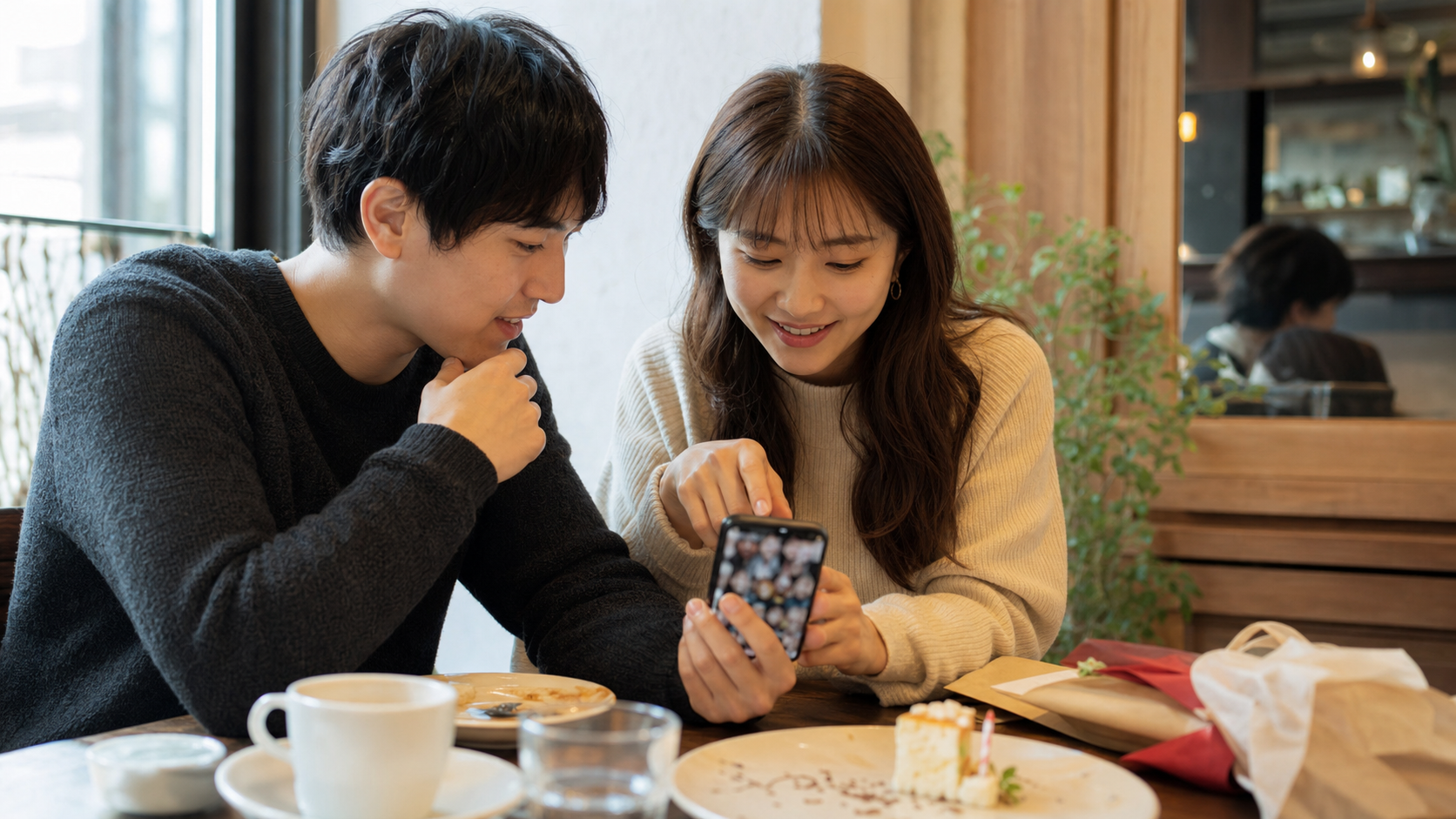 リア充の誕生日写真をSNS投稿前に確認するカップル