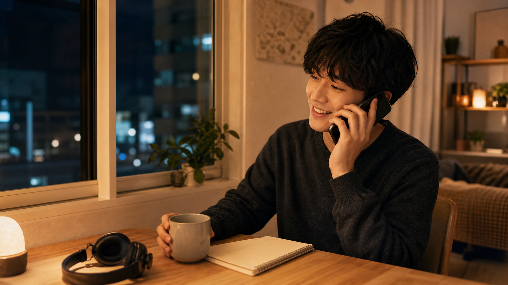 カップル電話の話題を楽しむ夜の通話