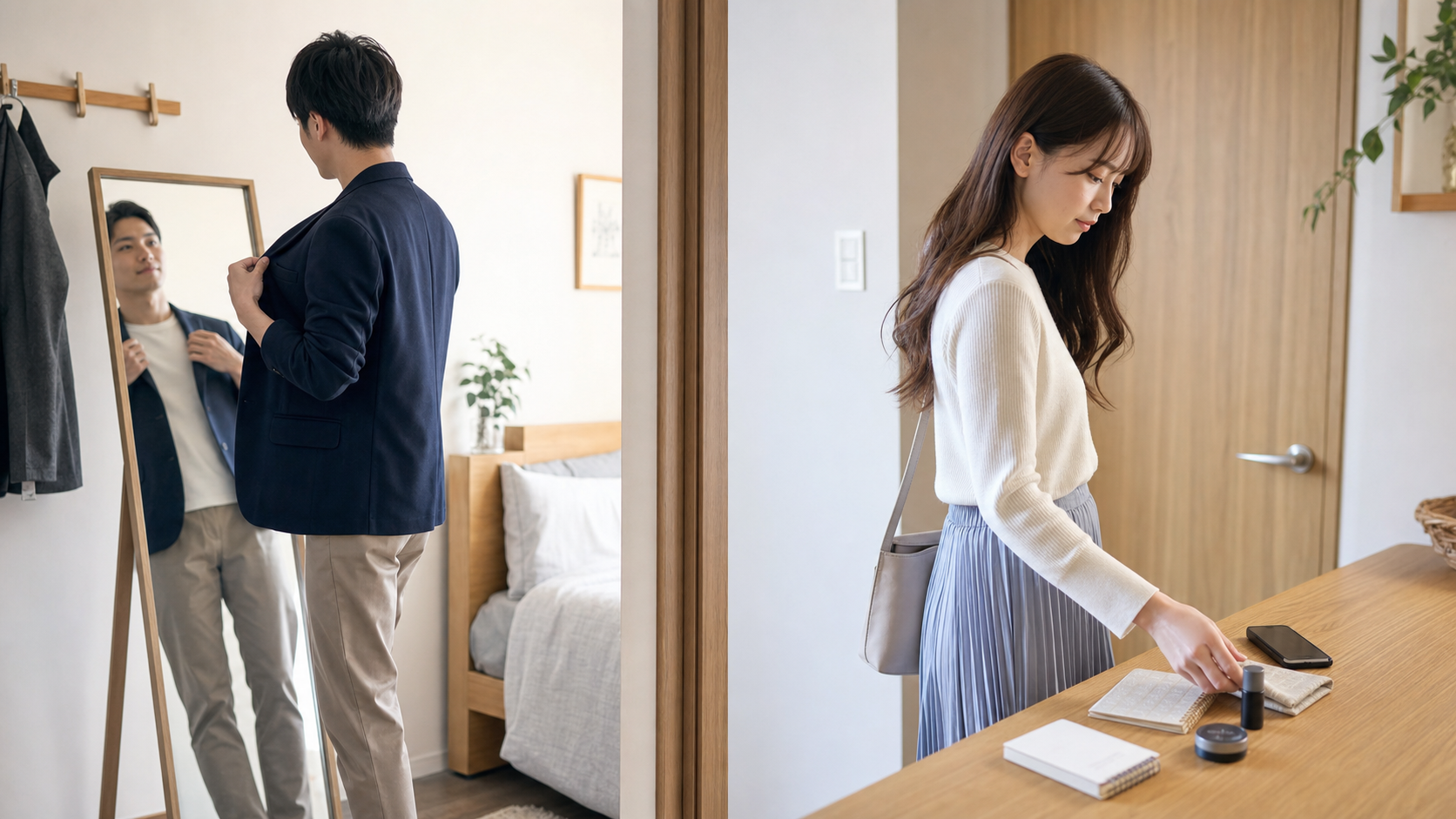 合コン前に服装と会話メモを準備する男女